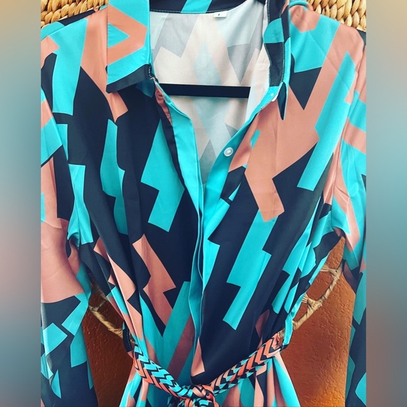 💙 NWT MOD SLINKY RETRO 1960’s STYLE SHIRT MIDI ABSTRACT DRESS LARGE - Picture 9 of 10